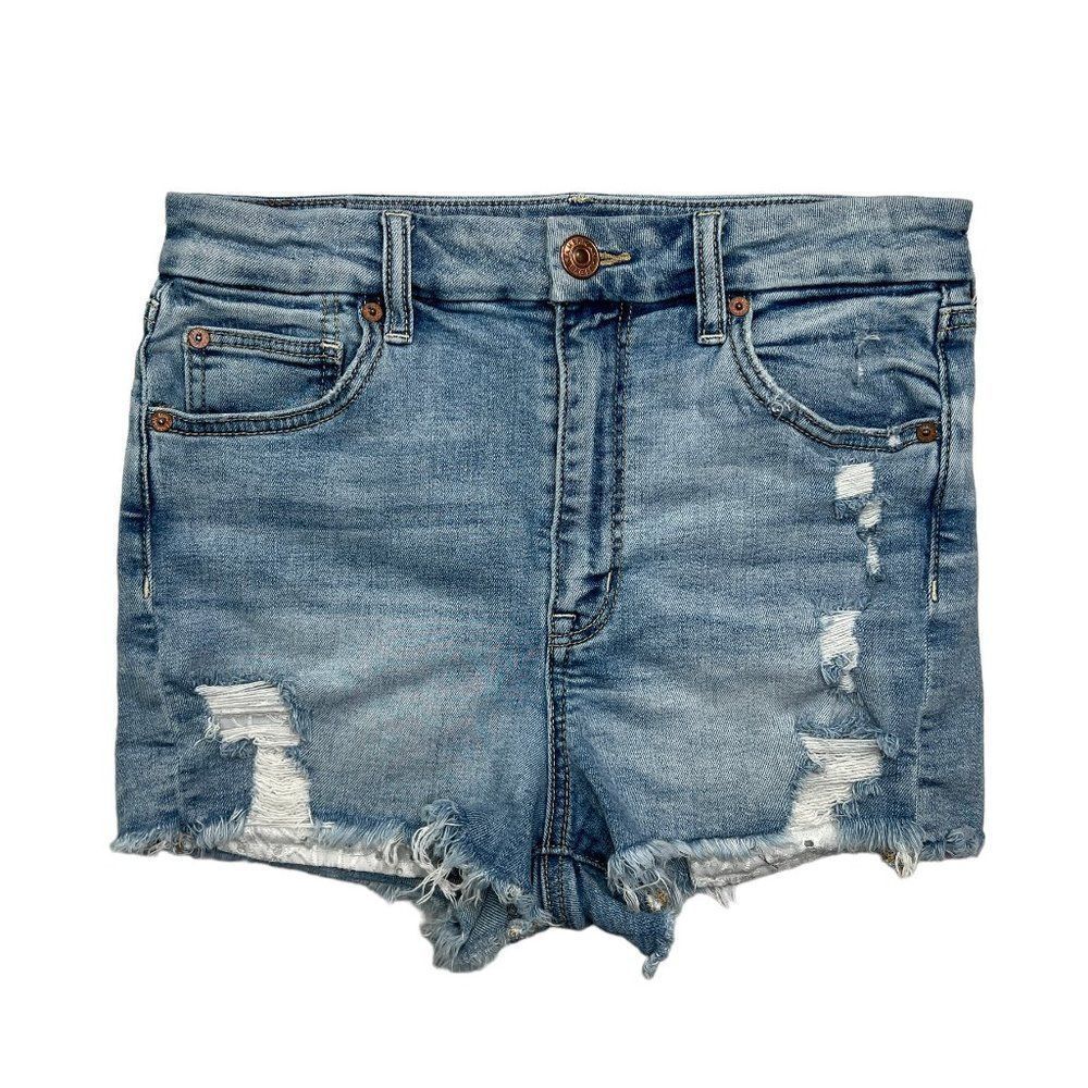 American Eagle Jean Shorts Women 8 Blue Denim Distressed Curvy High-Rise Shortie